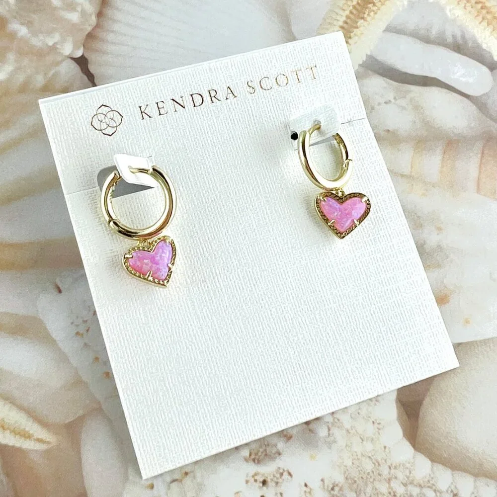 Kendra Scott Ari Heart Bubblegum Pink Opal Huggie gold earrings - Picture 4 of 4